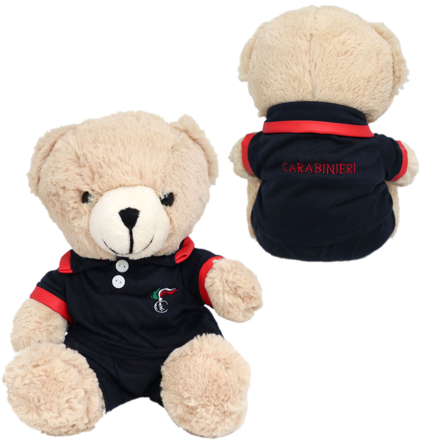 ORSETTO PELUCHES SEDUTO, H 24 CM, MAGLIETTA E PANT. FIAMMA CARABINIERI