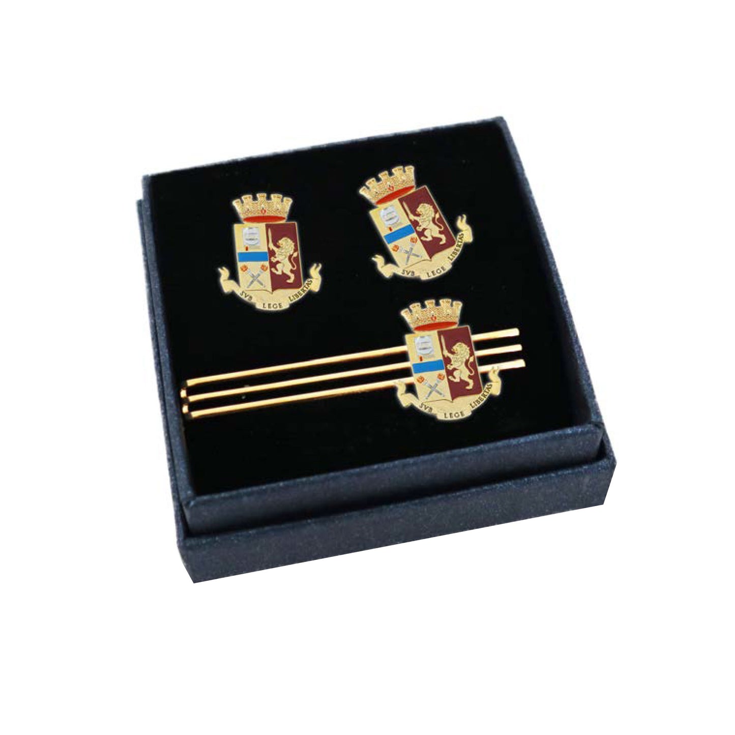 SET GEMELLI FERMACRAVATTE IN METALLO CON STEMMA ARALDICO DORATO E SMALTO LEVIGATO POLIZIA DI STATO IN ELEGANTE ASTUCCIO